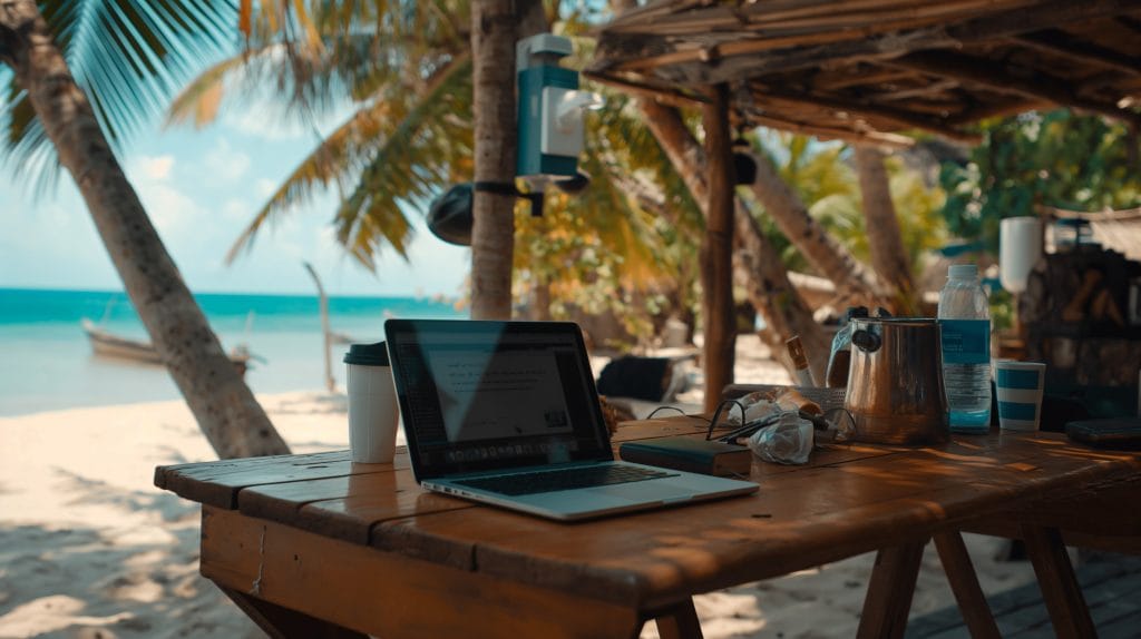 working at the beach
